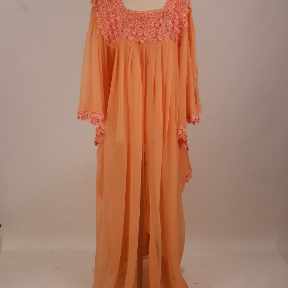 🌺 Vtg Apricot Peach Long Chiffon Lace Caftan Dress Nightgown Lounger Hostess L - Picture 8 of 8